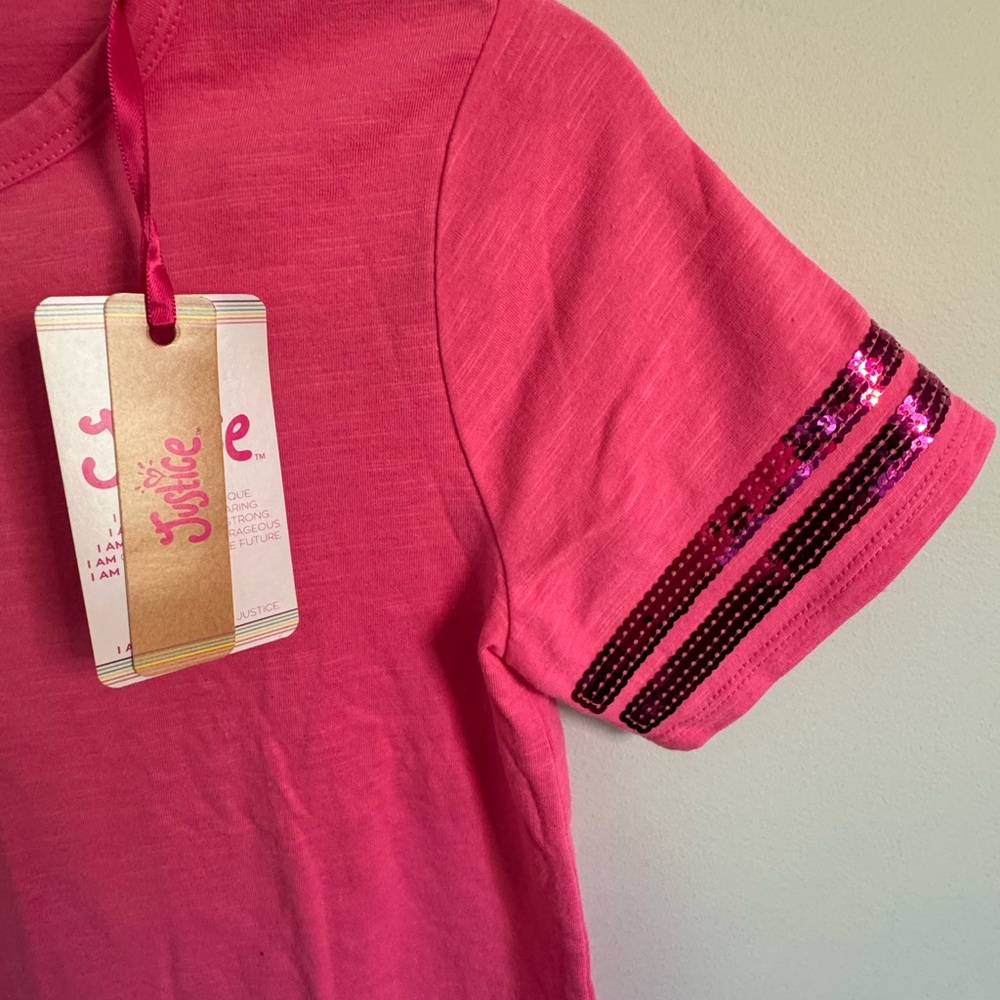 NWT Justice hot Pink Sequin Sleeve jersey style T-Shirt size large 12/14